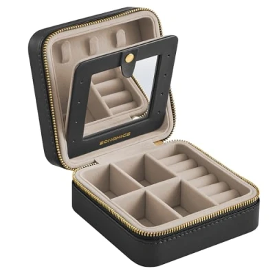 Afbeelding van SONGMICS JBC146BKV1 Sieradendoosje voor op reis, klein sieradenkistje, sieraden reisetui, spiegel, ritssluiting, draagbare sieradenopslag, PU hoes, 11,4 x 5,5 cm, cadeau idee, zwart