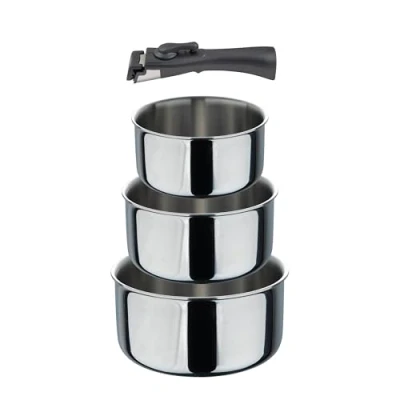 Afbeelding van Bergner CLICK&amp;COOK ILAG Essential Set van 4 pannen met afneembare handgreep, roestvrij staal, zwart, antiaanbaklaag, glanzend, voor alle keukens