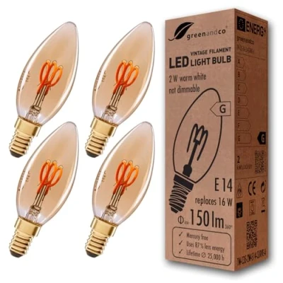 Afbeelding van 4x greenandco® Vintage gloeidraad LED kaars amber E14 C35 2W 150lm 2000K extra warm wit 360 230V flikkervrij, niet dimbar