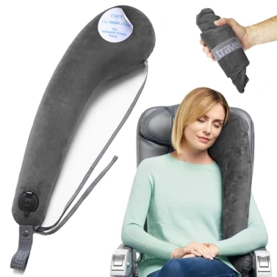Afbeelding van Travelrest® ALL IN ONE Premium reiskussen/nekkussen, wasbare pluche overtrek met traagschuim, ideaal voor vliegtuigen, auto&#039;s, treinen en dutjes op kantoor (klein oprolbaar)