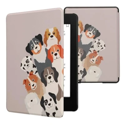 Afbeelding van kwmobile E reader hoesje geschikt voor Amazon Kindle Paperwhite 11. Generation 2021 hoes flip case met magnetische sluiting Ereader cover Grappige Honden design in bruin / wit taupe