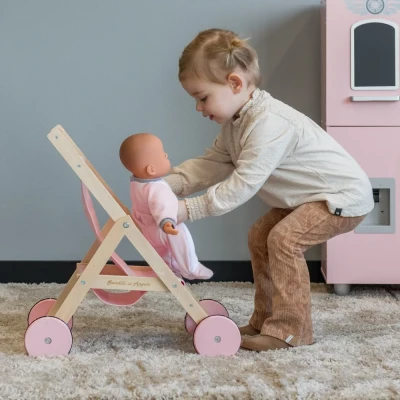 Afbeelding van Bandits and Angels poppenbuggy Lovely Pink houten poppenwagen 2 jaar roze pop max. 50 cm