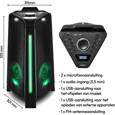 Afbeelding van Medion P61552 party sound system speakers incl. microfoon karaoke box accu Bluetooth TWS 2X 220 watt lichteffecten USB, AUX microfoonaansluiting