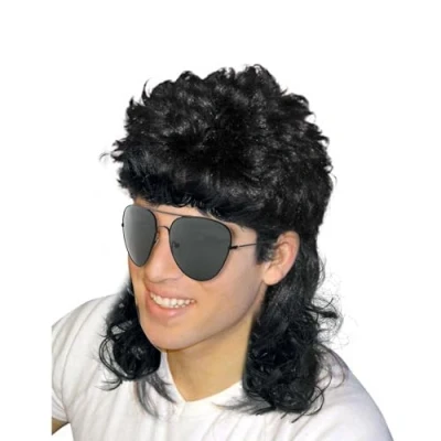Afbeelding van XNIVUIS Vokuhila pruik voor heren, zwarte krullende pruik, lang, jaren 70 en 80, cosplay, kostuum, Halloween, disco, punk, rocker, volwassenen, (2 stuks)