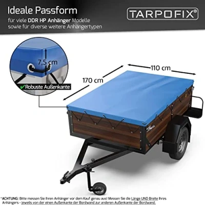Afbeelding van Tarpofix® Afdekzeil voor aanhangers, 170 x 110 cm, incl. dekzeil, plat zeil van pvc, zeilmateriaal, versterkt HP DDR dekzeil diverse aanhangers personenauto&#039;s, afdekzeil, afdekking