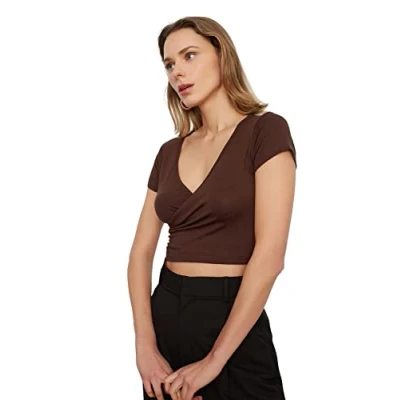 Afbeelding van Trendyol Zwarte Getailleerde/Strakke Cropped Viscose Stretch Gebreide Blouse Met Dubbele Rij Knopen Twoss22Bz0536