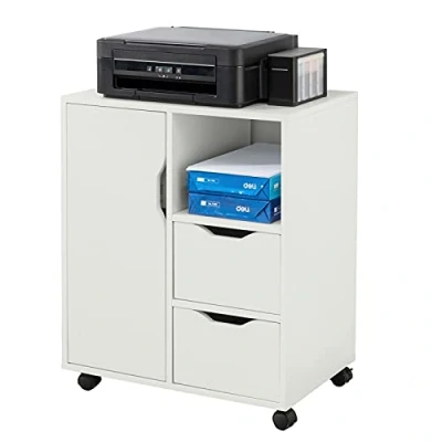 Afbeelding van SoBuy Rolling Printer Stand Organizer Mobiele Desktop Voetstuk met Lades en Deur, Kantoor Opslag Unit 60x35x70 cm, FBT105 W