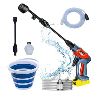 Afbeelding van FANZTOOL Accu hogedrukreiniger 20 V met 5 in 1 multifunctionele sproeier, 24 bar druk, debiet 150 l/h, incl. 6 m slang filter en liter emmer