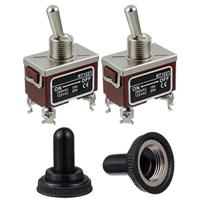 Afbeelding van BOJACK RT1221 tuimelschakelaar, 125 V, 20 A, 250 15 DPST AAN, UIT 4 klempen tuimelschakelaar met waterdichte metalen kap (verpakking van 2 stuks)