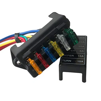 Afbeelding van QitinDasen Premium 6 Weg Zekeringdoos met Draad, 2 Ingang Uitgang Auto Zekeringkast, Standaard Blade Zekeringhouder, Circuit Zekeringblok, 10Pcs Gratis Meszekering (12V/24V/32V/48V)
