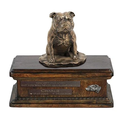 Afbeelding van Art Dog Custom Sitting Statue Memorial Urn Handgemaakt koud gegoten brons op berkenhouten voet 8,3x11,4x8,7 5l Staffordshire bulterriër I