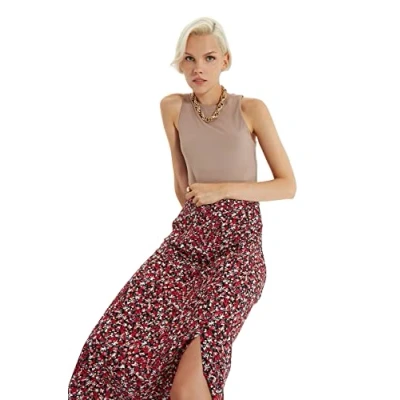 Afbeelding van Trendyol Camelkleurige Midi Geweven Rok Van Viscose Met Splitdetail En Bloemenpatroon Twoss20Et0230