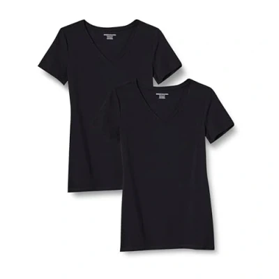 Afbeelding van Amazon Essentials Women&#039;s T shirt met korte mouwen en V hals in klassieke pasvorm, Pack of 2, Zwart, M