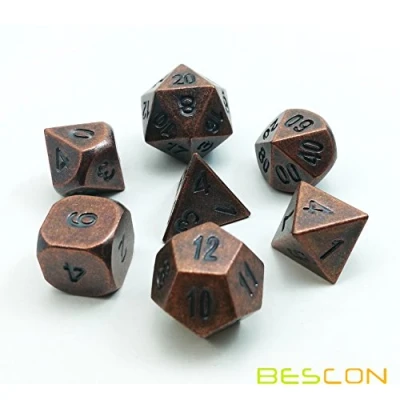 Afbeelding van Bescon Antieke koperen massief metalen polyedrische D &amp; dobbelstenen set van 7 oude RPG rollenspel stuks