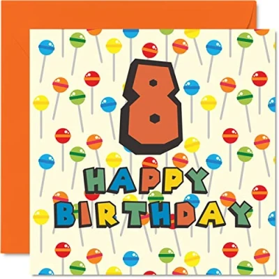 Afbeelding van 8e verjaardagskaart unisex Lollipop Sweets Candy Happy Birthday Card 8 jarige zoon dochter broer zus kleinzoon kleindochter nichtje neef neef, 145 mm x achtste verjaardag wenskaart