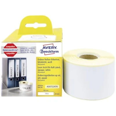 Afbeelding van Avery Zweckform Rol met etiketten Compatibel vervangt DYMO, Seiko 99018, S0722470 190 x 38 mm Papier Wit 110 stuk(s) Permanent hechtend Ordneretiketten