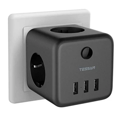 Afbeelding van TESSAN Stopcontacten Zwart, Kubusstekkers met USB, 6 in 1 Stekkeradapter 3 USB Poorten, Meervoudige Stekker Schakelaar, Dubbele Adapter Gelden voor Telefoon, Pad, Thuis en Op Kantoor