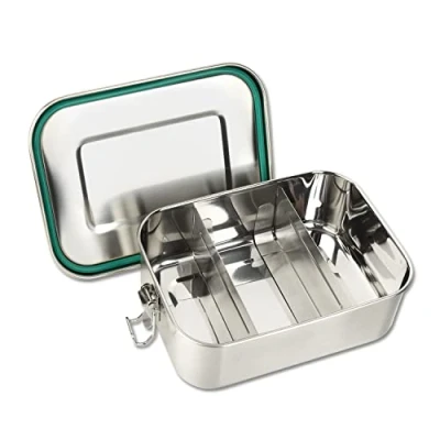 Afbeelding van Broodtrommel van roestvrij staal selecteerbaar 800, 1200, 1400 of 2200 ml lunchbox met vakken incl. 2 scheidingswanden, metalen doos kliksluiting, afmetingen: 1200