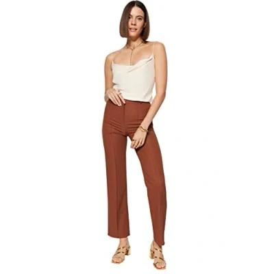 Afbeelding van Trendyol Vrouwen Lang hoge taille Direct Bruine, recht gesneden, geribde, gestikte geweven broek met TWOSS21PL0093