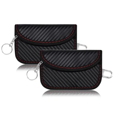 Afbeelding van Faraday Bag Keyless Go bescherming, koolstofvezel autosleutel, stralingsbescherming, tas, RFID sleutelblokkering, tas met haak en sleutelring, beschermhoes voor autosleutels, 2 stuks