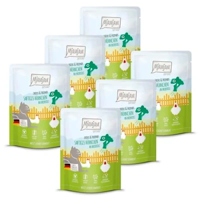 Afbeelding van MjAMjAM Premium natvoer voor katten Quetschie Chicks &amp; Friends sappige kip met broccoli, 6 verpakking (6 x 300g), graanvrij
