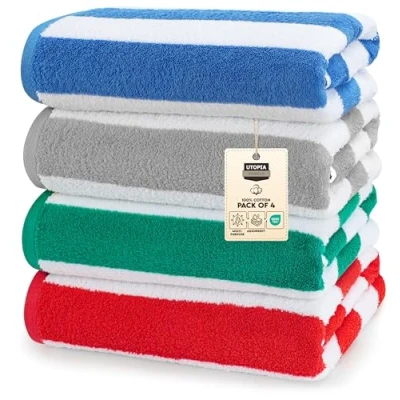 Afbeelding van Utopia Towels Cabana Stripe strandhanddoeken (76 x 152 cm) 100% ringgesponnen katoen grote badhanddoeken, zachte en sneldrogende badhanddoeken (pak van 4) (blauw, grijs, rood groen)