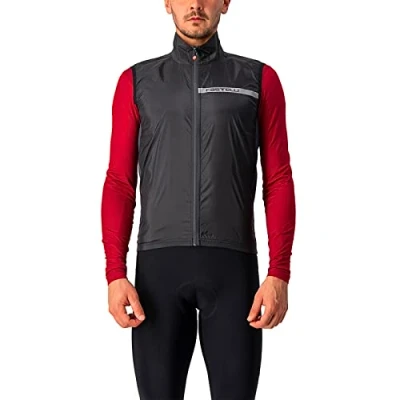 Afbeelding van Castelli Squadra Stretch Vest voor heren, winddichte volledige lengte rits shell met hoge kraag weg en grind fietsen I fietsen, Licht Zwart/Donker Grijs, 3XL