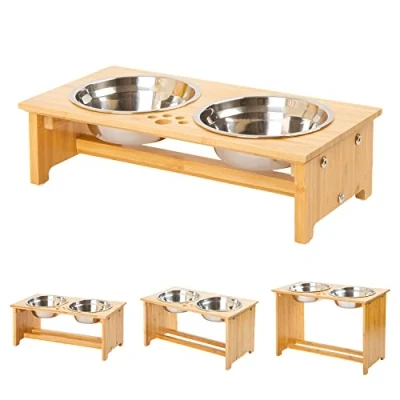Afbeelding van Verhoogde Hond Bowls voor Katten en Honden Bamboe Kat Voedsel Water Stands Feeder Gerechten met 2 RVS Anti Slip Voeten(S)