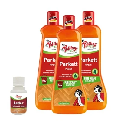 Afbeelding van Poliboy Parket verzorging, verzorgend reinigingsmiddel voor houten vloeren, reinigingsconcentraat met avocado olie, 3 x 500 ml, productmonster, Made in Germany