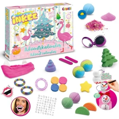 Afbeelding van INKEE Bath &amp; Beauty Adventskalender voor kinderen, badplezier, speelgoed, adventskalender, kerstkalender met badbommen, badbal, badzout en haaraccessoires
