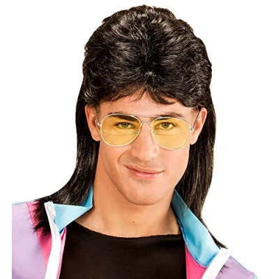 Afbeelding van Widmann 01853 Mullet pruik met bril, jaren 80, kunsthaar, retro kapsel voor feestjes, carnaval, themafeesten, zwart