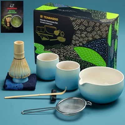 Afbeelding van TEANAGOO Matcha Set Whisk Kom met schenktuit Schep Houder Theebereidingsset. Japanse theeset (7st) + 2 kopjes (7.2oz), S31, grijsblauw, kleurendoos
