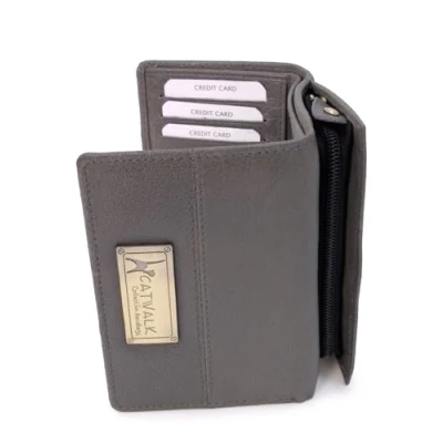 Afbeelding van Catwalk Collection Luxe Dames Mid Size Organiser Trifold portemonnee met Geschenk Doos kwaliteit Echt Leer RFID Protectie Creditcard munten vak rits VICTORIA Grijs