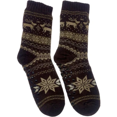 Afbeelding van Merino Wollen sokken Heren Bruin met Rendier Maat 43/46 Huissokken Anti slip Warme Winter