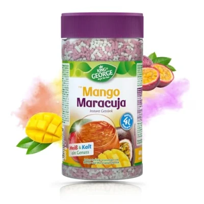 Afbeelding van KING GEORGE Royal Tea Time, Mango Maracuja smaak, instantdrank 6 x 400 g, 1 blik geeft tot 4 liter frisdrank warm en koud een genot
