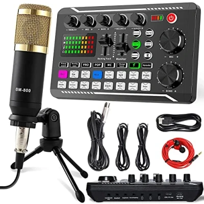 Afbeelding van ALLWIN Microfoon voor streaming, startersset podcasts, USB cardioïde condensator geluidskaart audiomixerset met geluidskaartbundel streaming/podcasts/opnames, geschikt