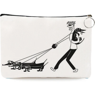 Afbeelding van Teckel etui toilettas make up tas linnen wit hond 25x17cm man met teckels