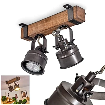Afbeelding van Pehefito plafondlamp, vintage design plafondlamp van metaal/hout in zwart/bruin, retro verlichting met houten balken en verstelbare spots, 2 lampen, x GU10 fitting, exclusief gloeilampen