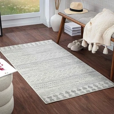 Afbeelding van Surya Oslo tapijtloper voor woonkamer, eetkamer, hal, modern boho tapijt, geometrisch patroon, zacht Scandinavisch woonkamertapijt, grijs, beige, met een afmeting van 80 x 150 cm