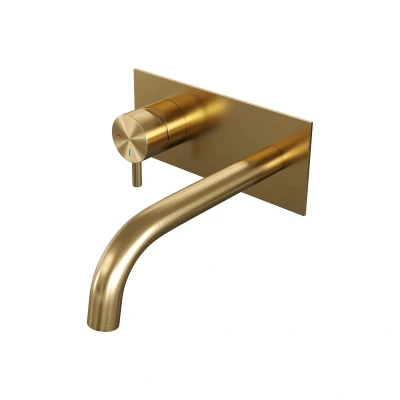 Afbeelding van Brauer Gold Edition Wastafelmengkraan inbouw gebogen uitloop rechts hendel kort smal afdekplaat model B2 PVD geborsteld goud