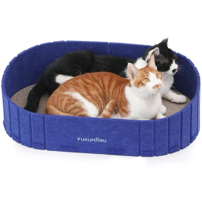 Afbeelding van FUKUMARU Krabpaal voor Katten, 61 cm Lang in Bankvorm, Afneembare Omkeerbare Krabpaal, Vervangbare Ronde Krabkussens, Binnenkattenbed, Blauw