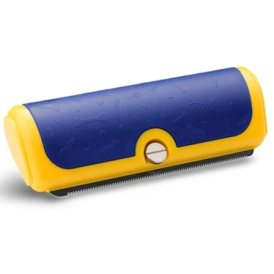Afbeelding van PetPog Professionele Deshedding kam voor honden, katten, paarden en konijnen zachte, antislip verzorgingsborstel met roestvrijstalen tanden (Blauw_Geel)