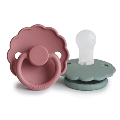 Afbeelding van FRIGG Daisy siliconen fopspeen, set van 2 stuks, BPA vrij, gemaakt in Denemarken, symmetrische kersenvormige (Dusty Rose/Lily pad, maat 1 (0 6 maanden))