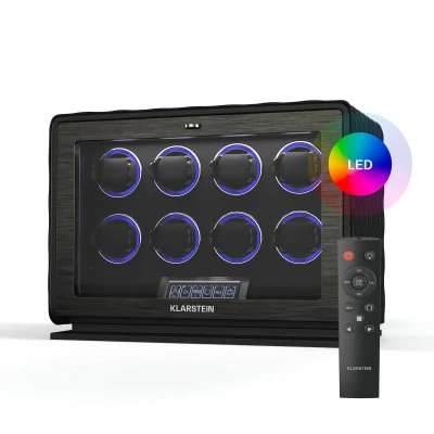 Afbeelding van Klarstein Luminoustime Watch Winder voor 8 Horloges Automatische horlogewinder met fluisterstille Japanse motor LCD Touch panel &amp; Afstandsbediening 20 Tpd Instellingen Rgb LED Verlichting Vegan leer Zwart