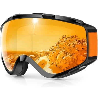 Afbeelding van Findway Skibril,Skibrillen Dames Heren Volwassenen voor Brildragers OTG,UV Bescherming Anti Mist Ski Goggles Bolvormige Spiegel Oranje