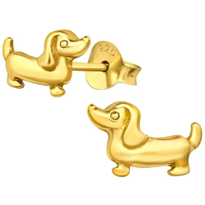 Afbeelding van JoyS Zilveren hond oorbellen teckel 10 x 6 mm oorknoppen 14k goudplating