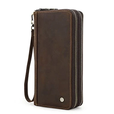 Afbeelding van Contacten Mens Clutch Telefoon Kaarthouder Lange Portemonnee Lederen Flap Stijl Rits Handtas met Polsband Business (Koffie)