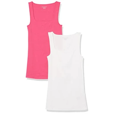 Afbeelding van Amazon Essentials Tanktop voor dames, slimfit, vierkante hals, 2 stuks, wit/donkerroze, XXL