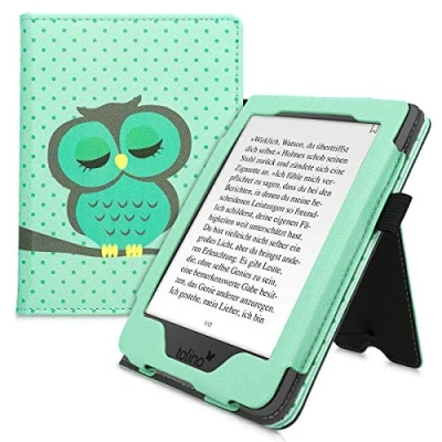 Afbeelding van kwmobile e reader hoesje compatibel met Tolino Page 2 Ereader case van kunstleer Slapende Uil in turquoise/bruin/mintgroen