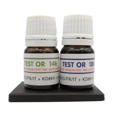 Afbeelding van KD89 Assortiment reagentia / oplossingen voor het testen van goud, 14 18 karaat, met natuursteen en meertalige handleiding, expertise sieraden, munten, lingotins, 2,5 ml